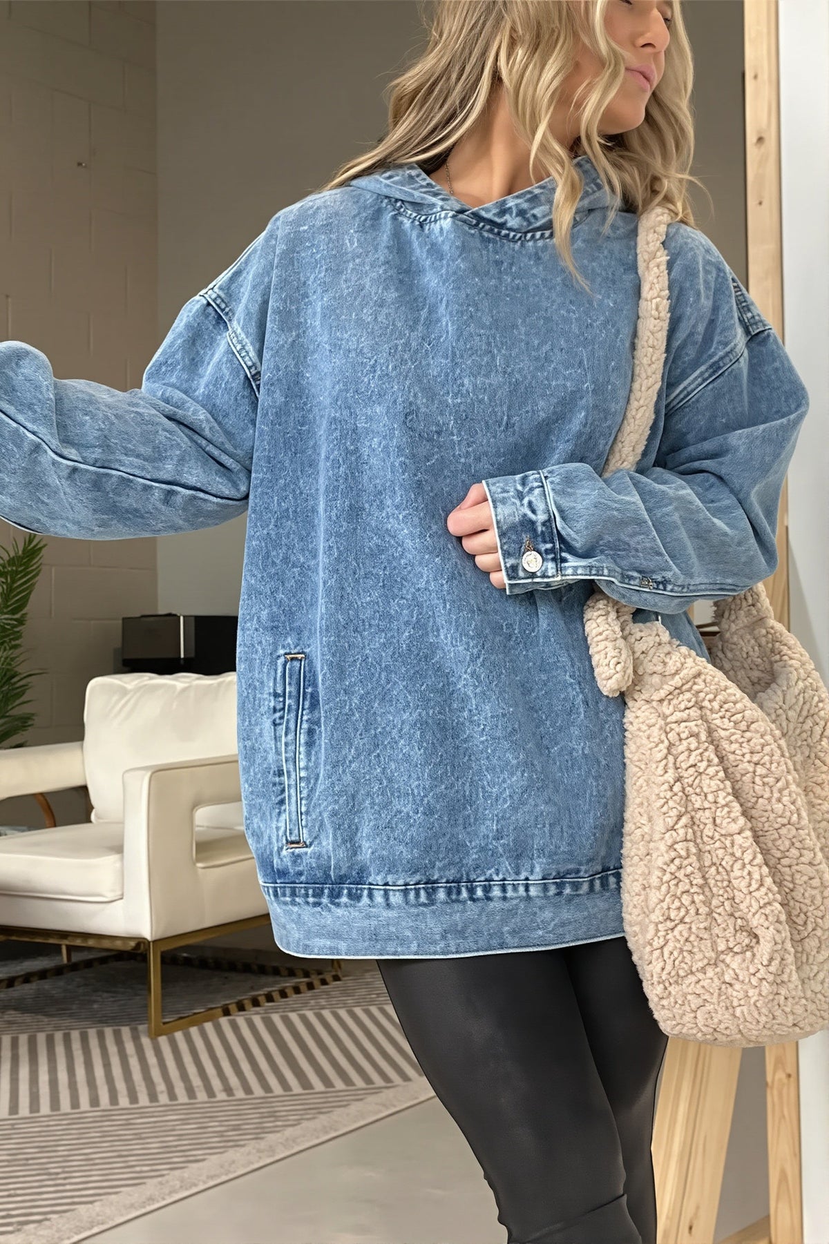 Washed Denim Longline Pullover Hoodie
