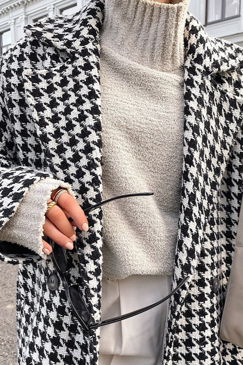 Houndstooth Long Chic Mature Overcoat - Fashionpara