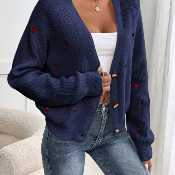 Heart Embroidery V-Neck Cardigan for Cozy Elegance