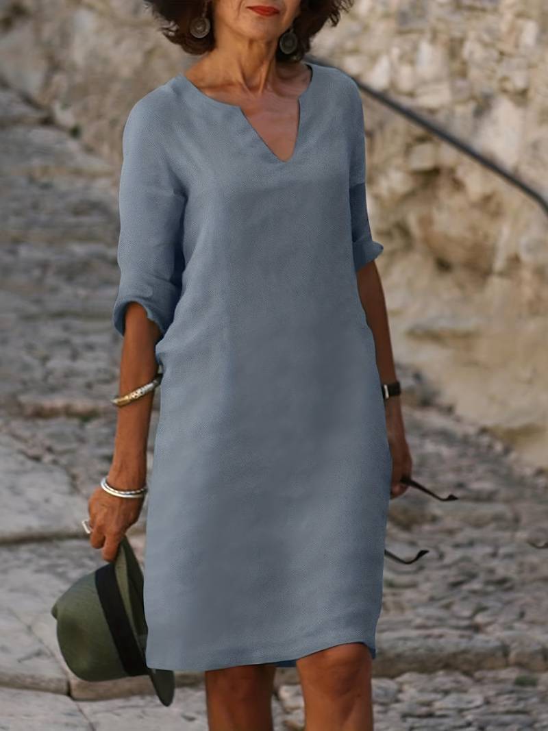 Notched V-Neck Short Sleeve Linen Look Shift Mini Dress - View 4