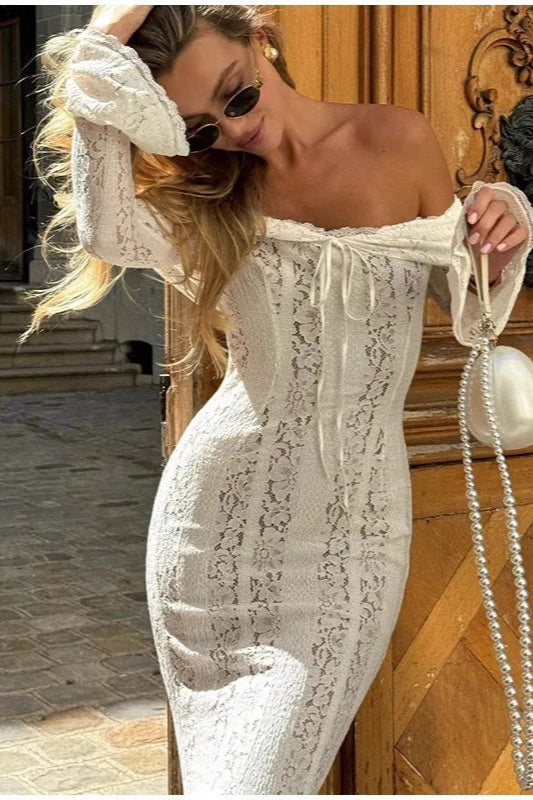 Off Shoulder Ruched Lace Flare Sleeve Bodycon Dress - View 3