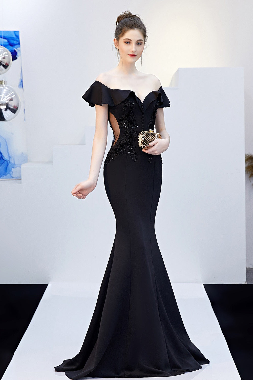 Off Shoulder Ruffle Beaded Mermaid Formal Gown - View 13