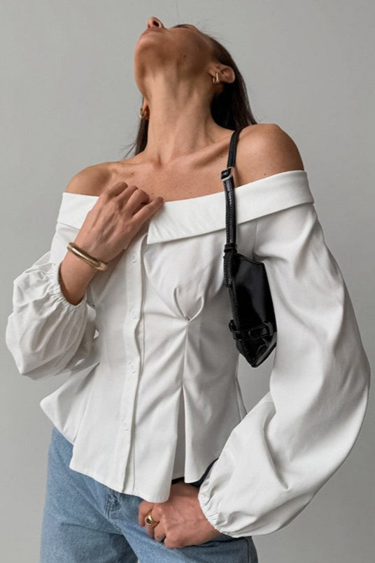 Off Shoulder Ruffled Satin Blouse - Fashionpara