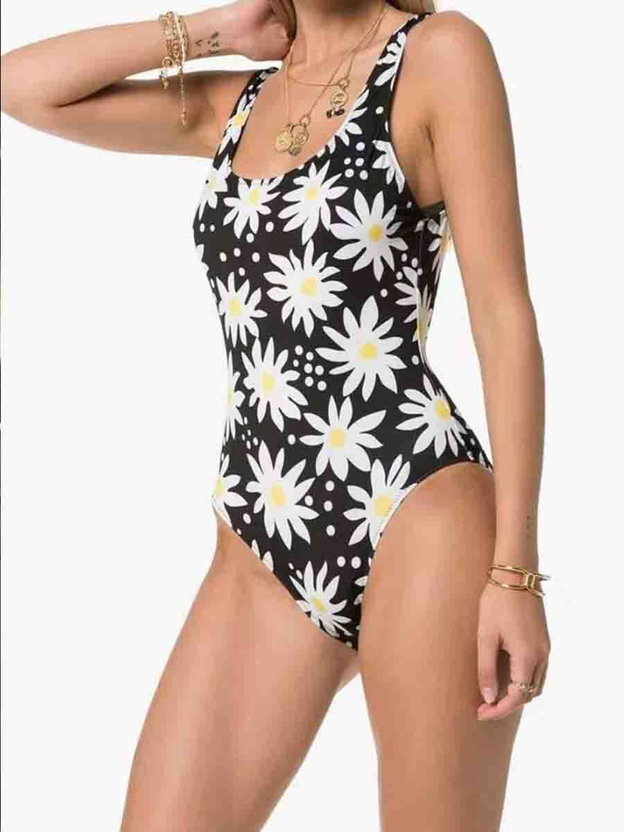 Floral Print Black One-piece Swimsuit - Fashionpara