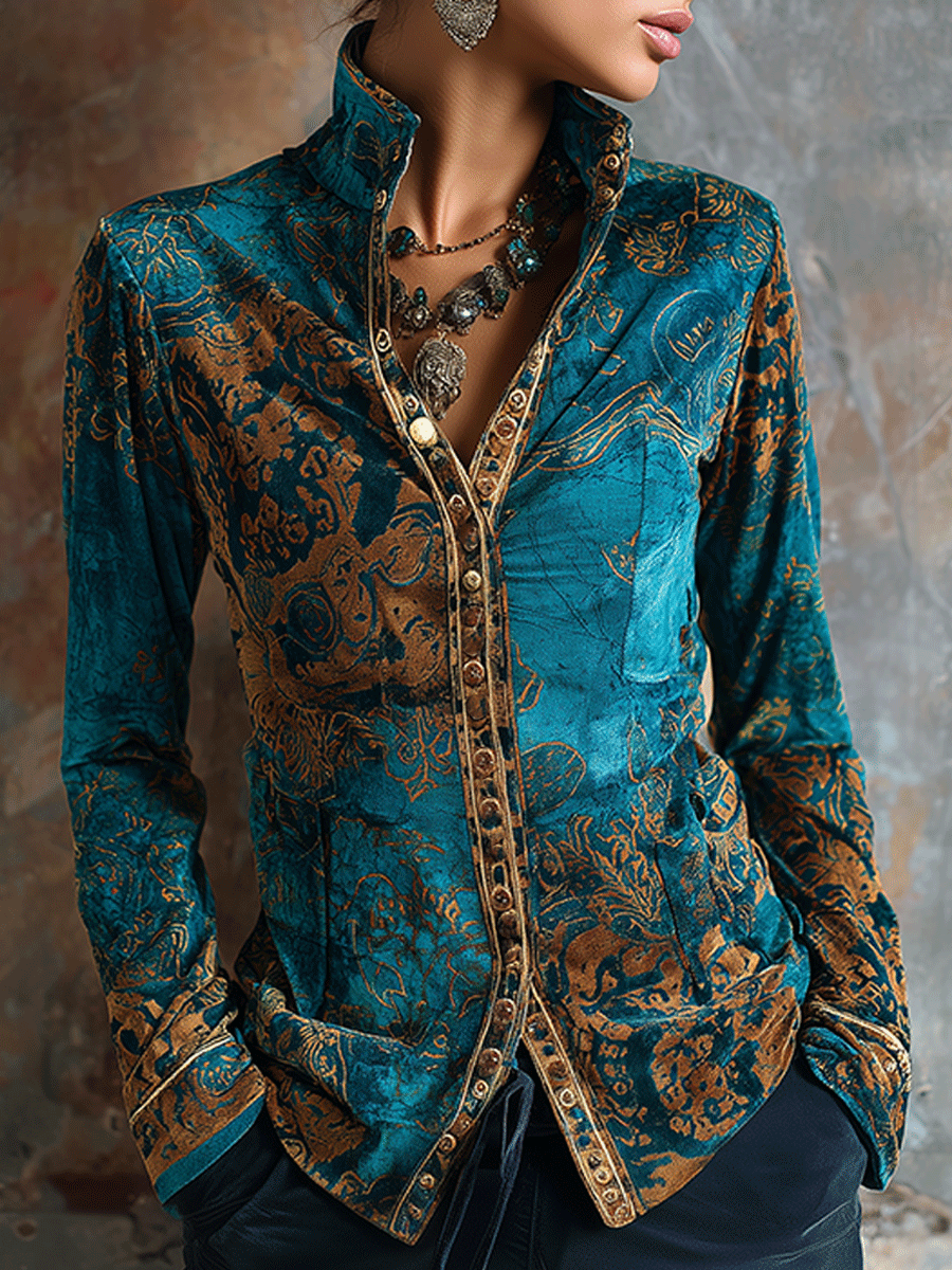 Boho Chic Vintage Peacock Blue Velvet Golden Print Fit Blouse - Fashionpara