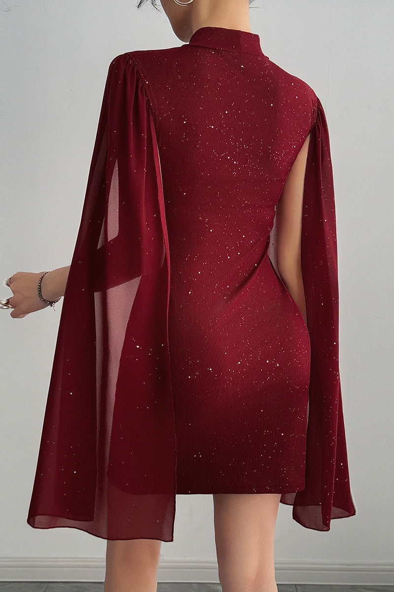 Glitter High-Neck Cape-Sleeve Bodycon Mini Dress