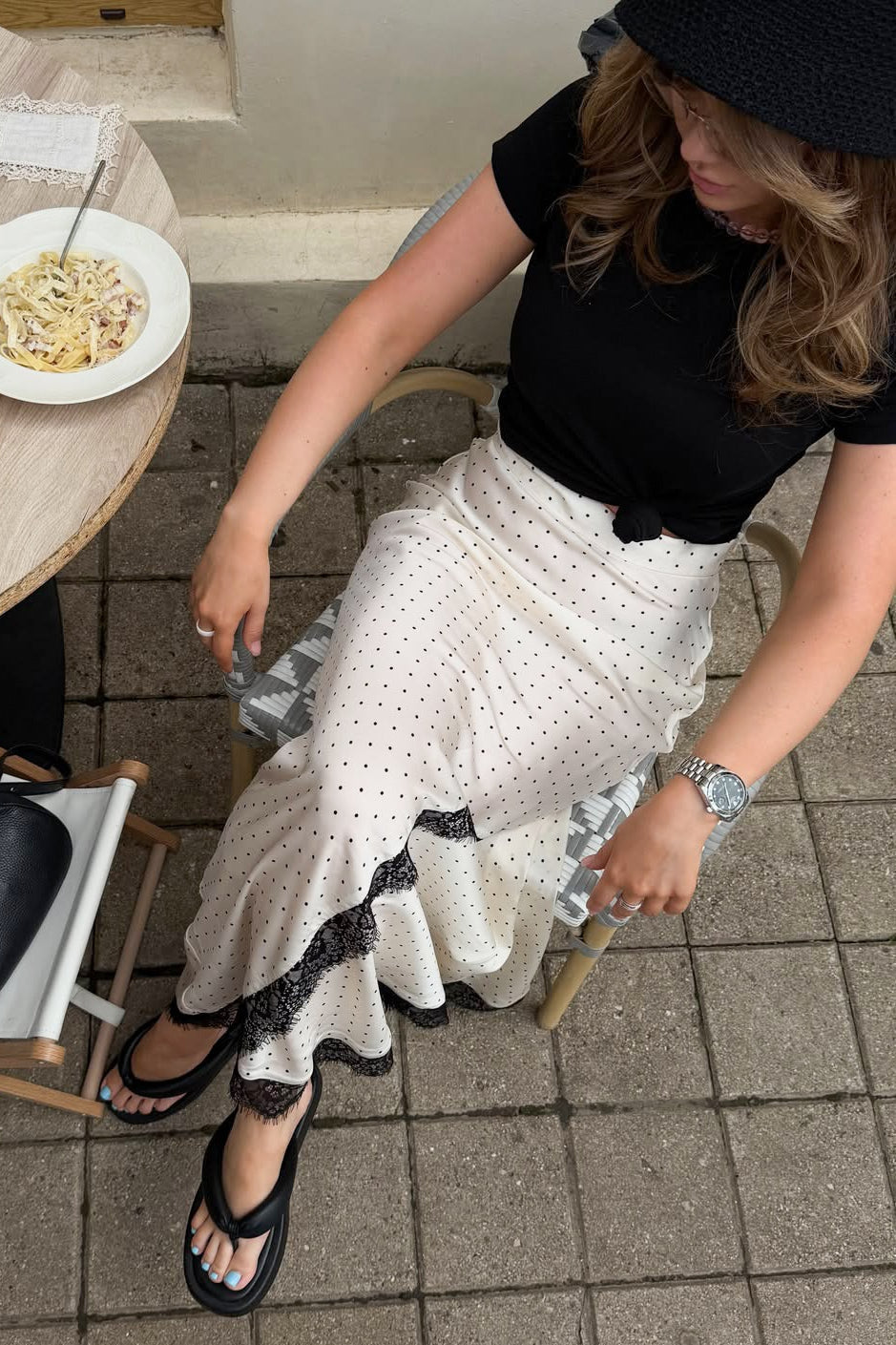 Polka Dot Lace-Panel Maxi Skirt