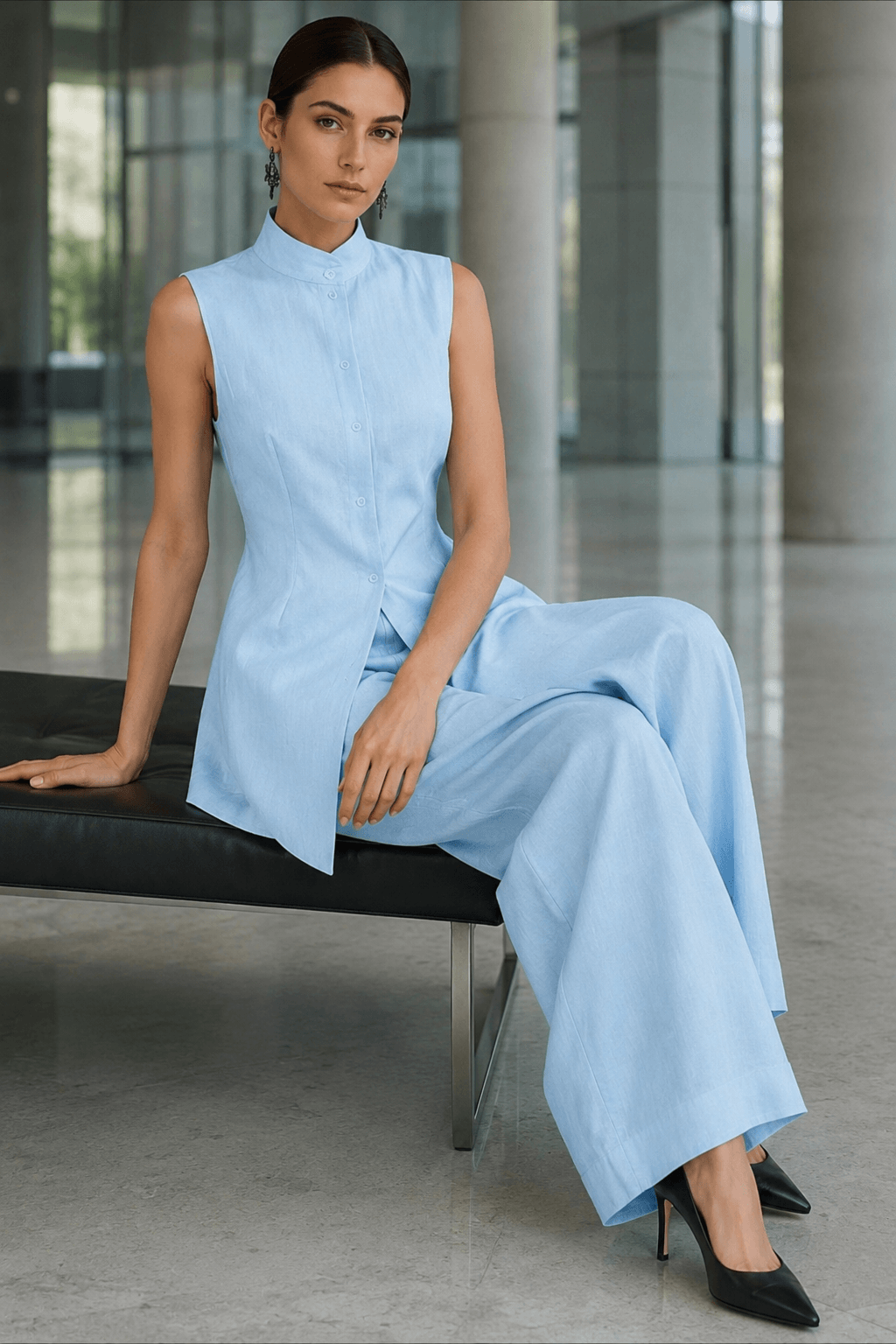 Drape Sleeveless Shirt Two Piece Work Set