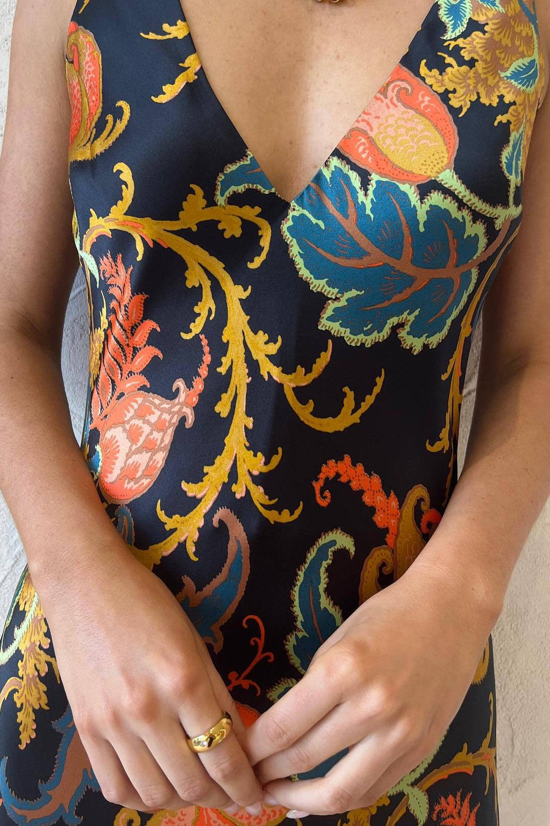 Satin VNeck Floral Maxi Silk Dress - View 4