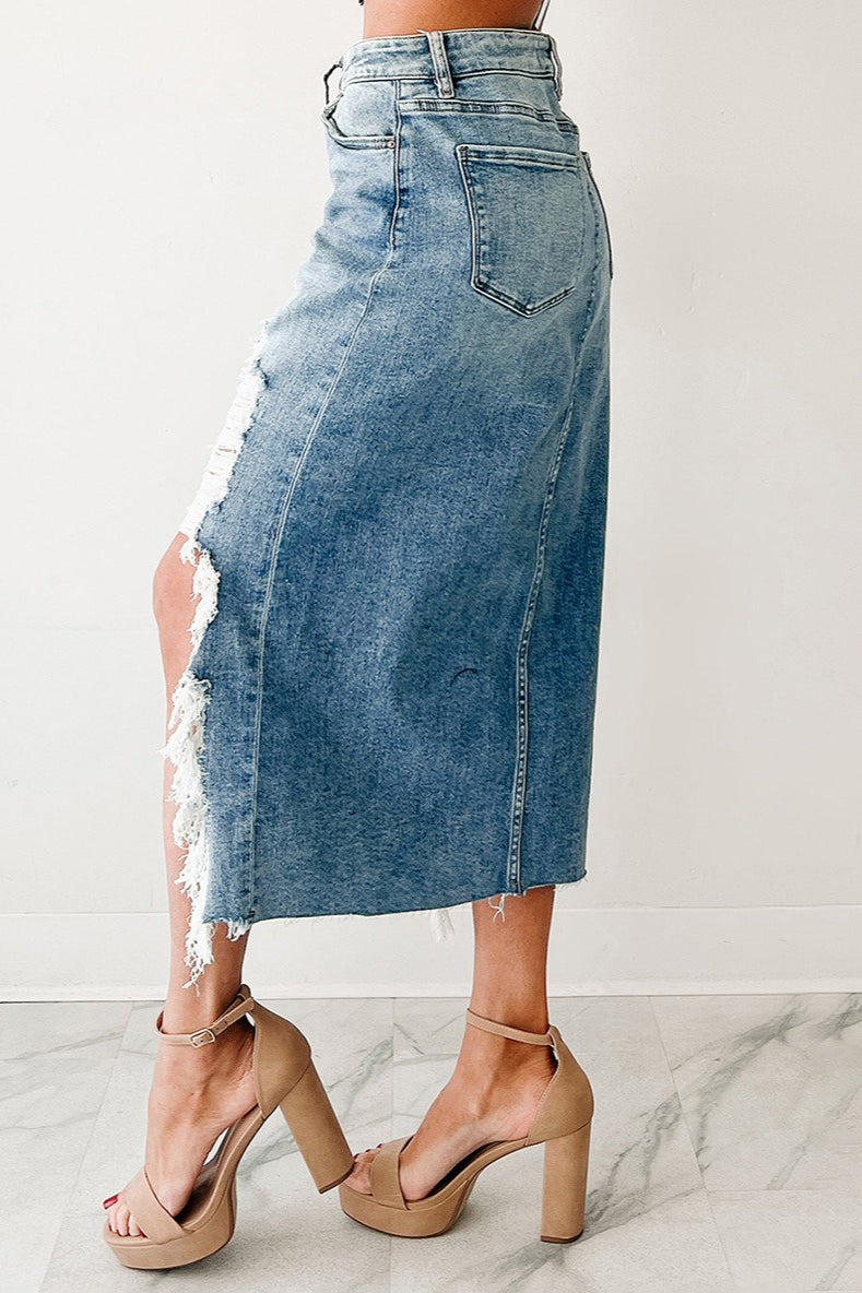 Asymmetrical Distressed Denim High-Waisted Skirt