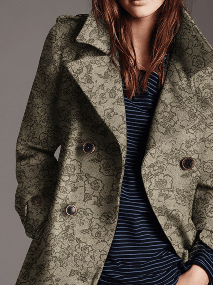 Classic Khaki Vintage Jacquard Double-Breasted Coat