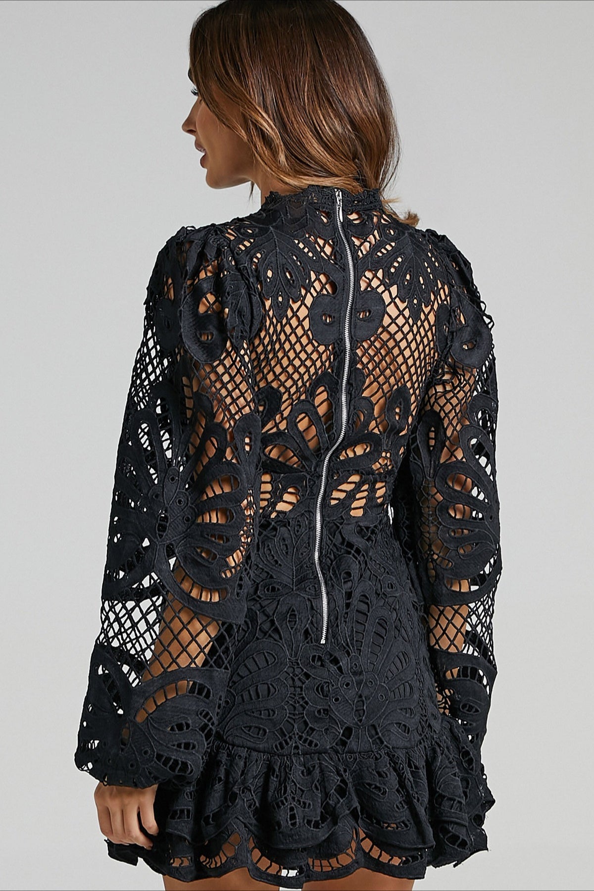 Lace High Neck Long Sleeve Fit and Flare Mini Dress