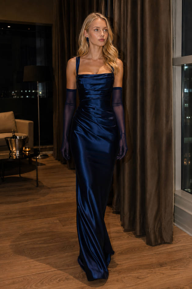 Satin Square Neck Ruched Mermaid Gown