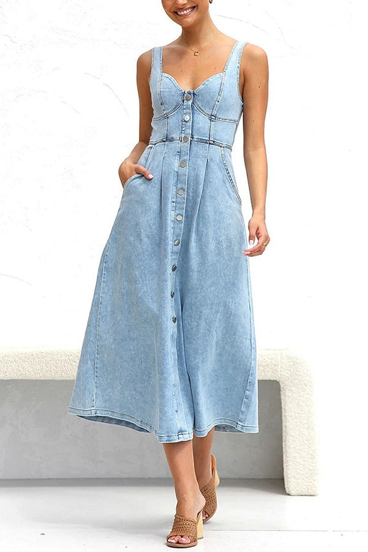 Denim Sweetheart Button-Front A-Line Midi Dress