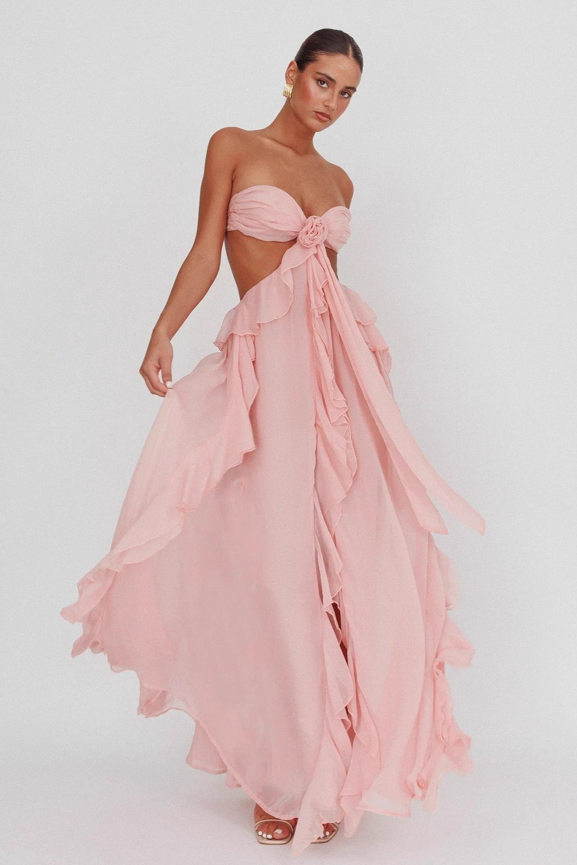 Strapless Chiffon Ruffle Rosette Cut Out High Split Maxi Dress - View 2
