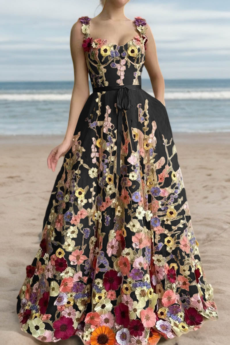 3D Floral Embellished Maxi Dress Suspender Skirt - Fashionpara