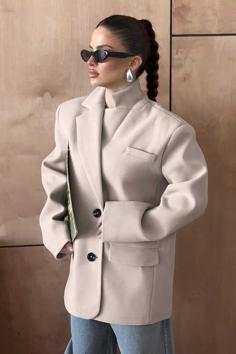 Long Sleeve Khaki Blazer Coat - Fashionpara