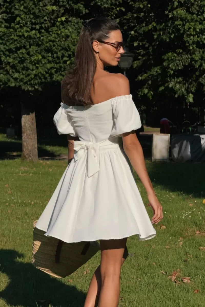 Off Shoulder Puff Sleeve Fit & Flare Mini Dress