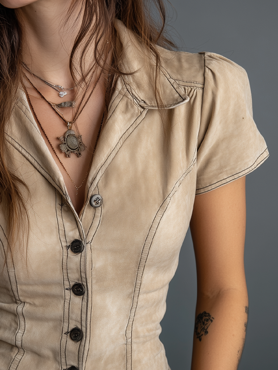 Retro Contrast Stitching Short-sleeved Suede Blouse - Fashionpara