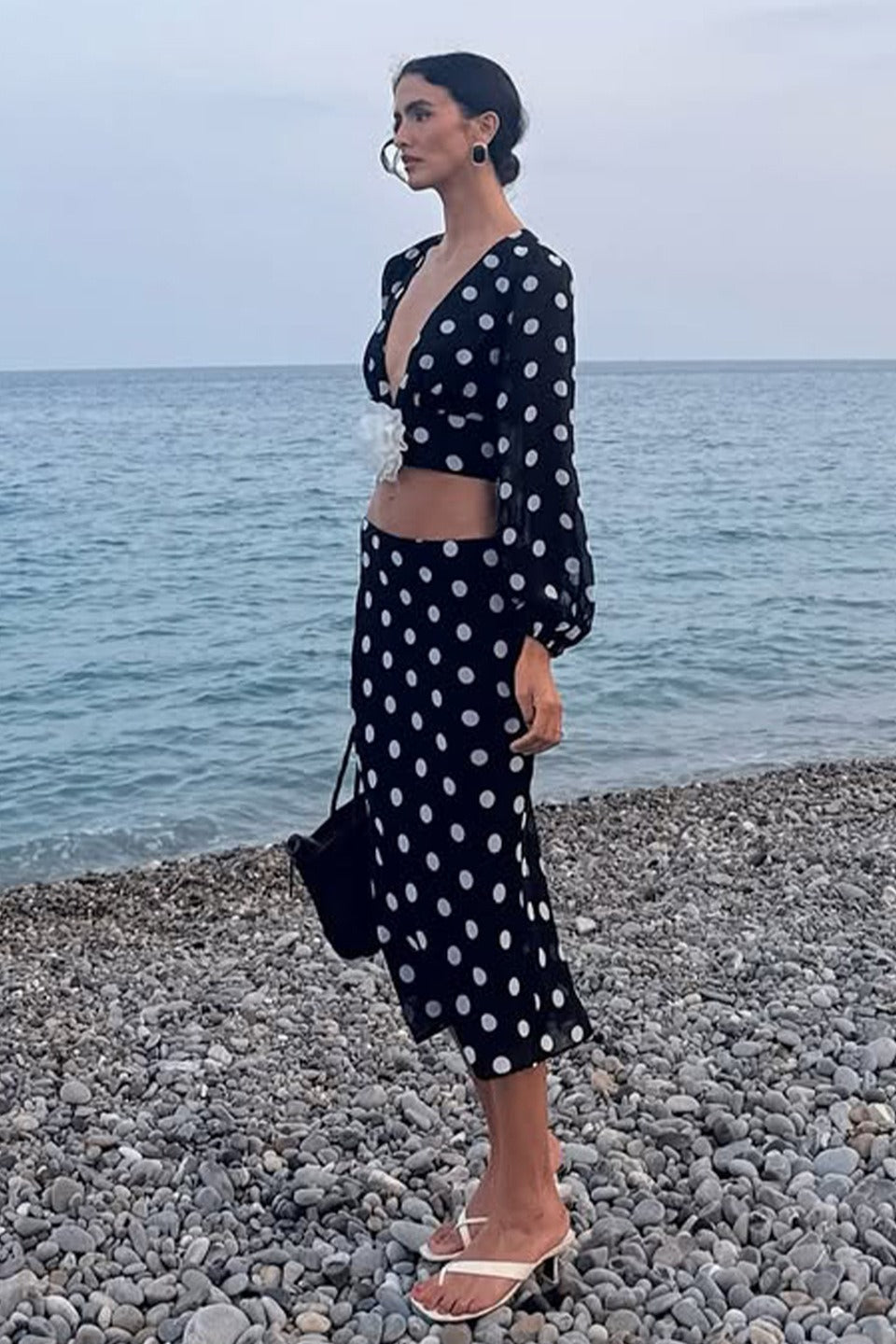 Polka Dot V-Neck Crop Skirt Two Pieces Set