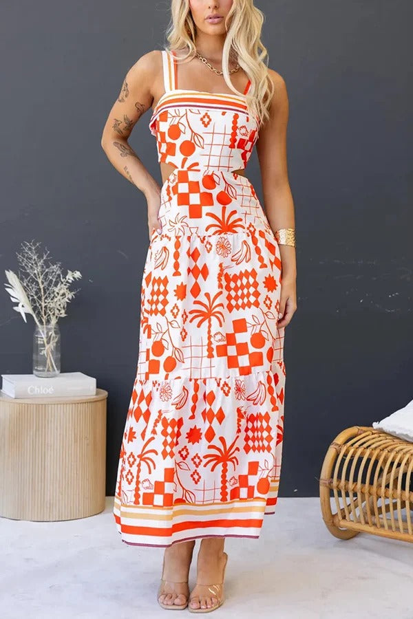 Unique Print Waist Cutout Back Gathered Suspender Maxi Dress - Fashionpara