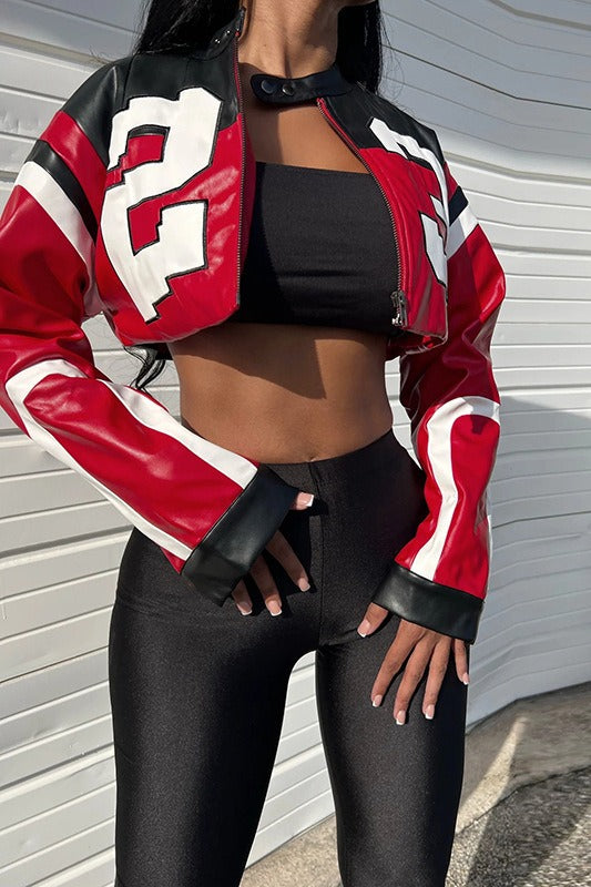 Color-Block Embroidered Slim Faux Leather Jacket