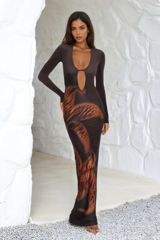 Printed Long Sleeve Plunge Mermaid Maxi Gown