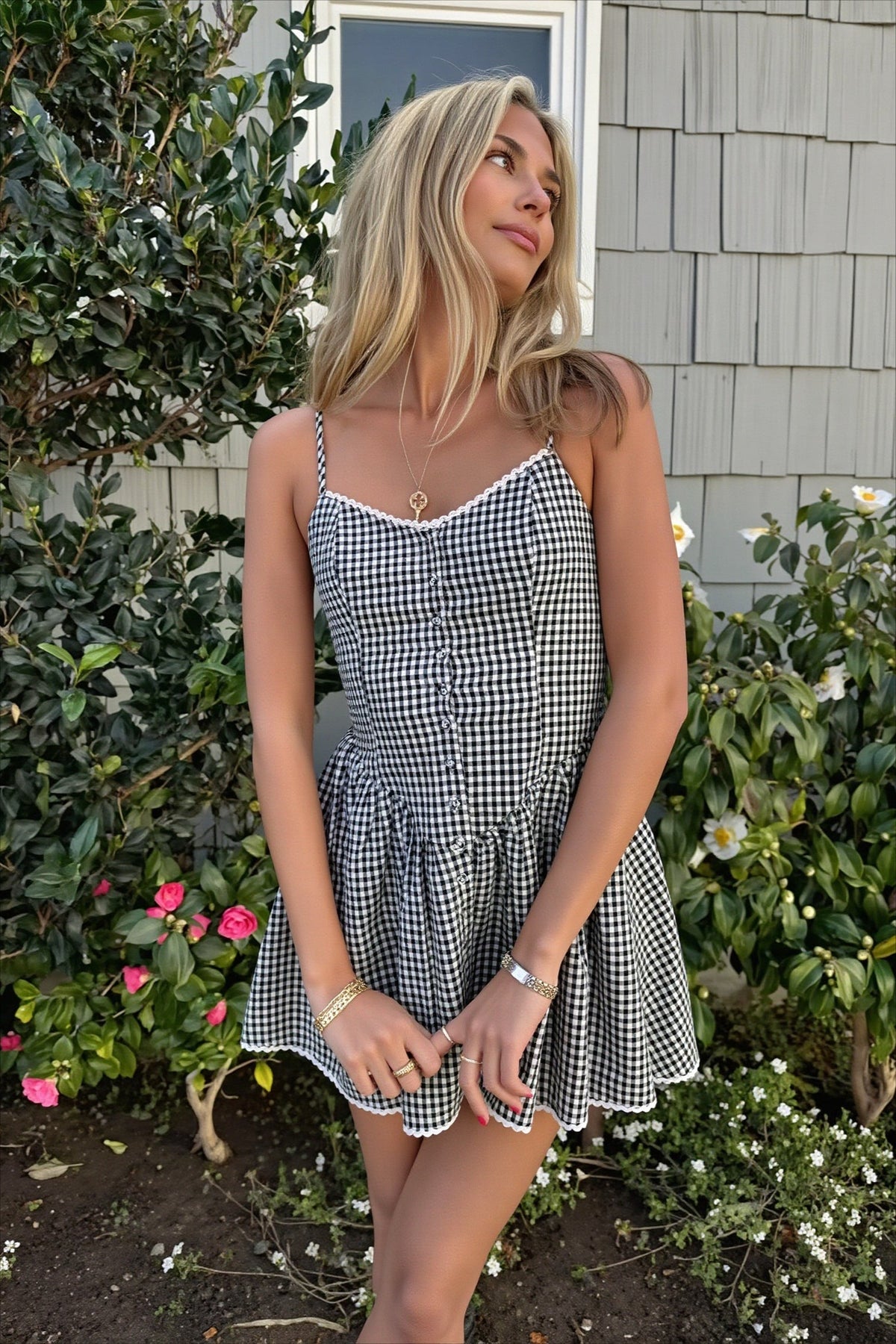 Gingham Sweetheart Neck Drop-Waist Mini Dress