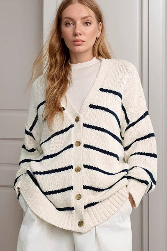 Striped V Neck Knit Cardigan in Soft Cotton for Comfort