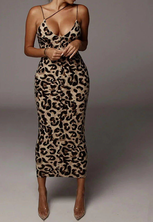 Leopard Snake Print Backless Midi Dress