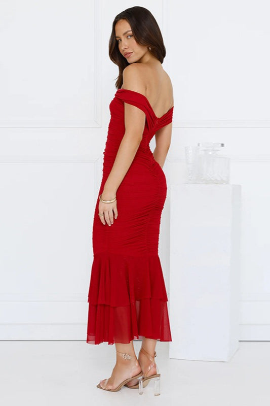 Off Shoulder Ruched Mermaid Tiered Midi Dress