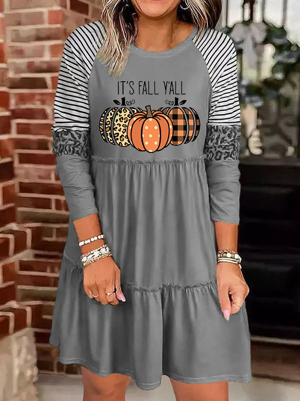 It's Fall Y'all Pumpkin Print Long Sleeve Dress - Fashionpara