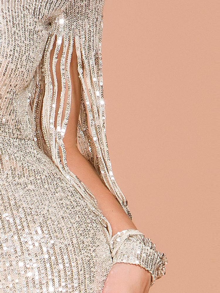 Fringed Sleeves Elegant Sequin Dress - Fashionpara