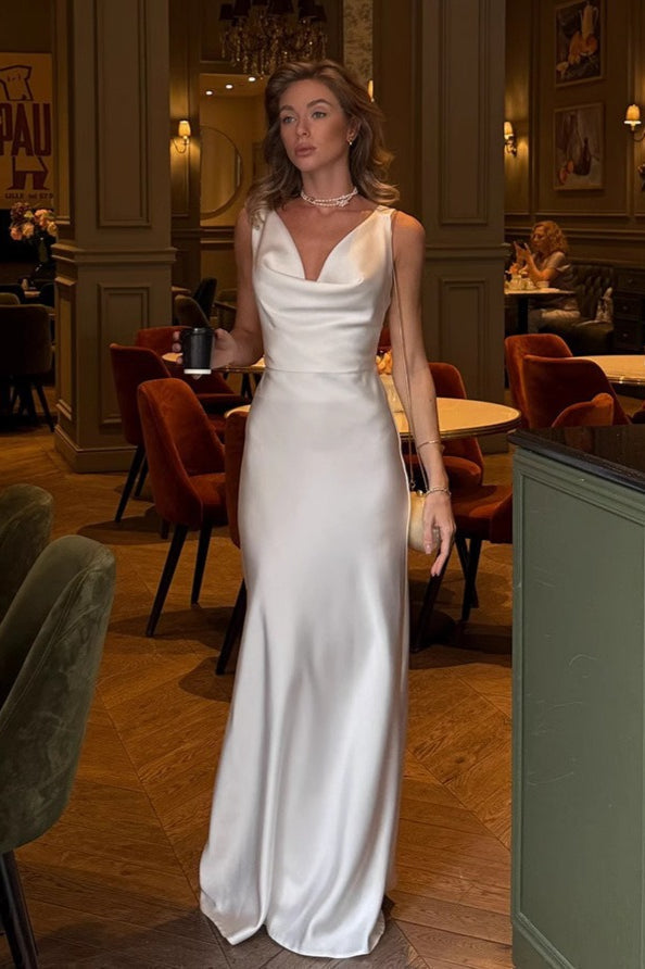 Satin Draped Neck Formal Dress