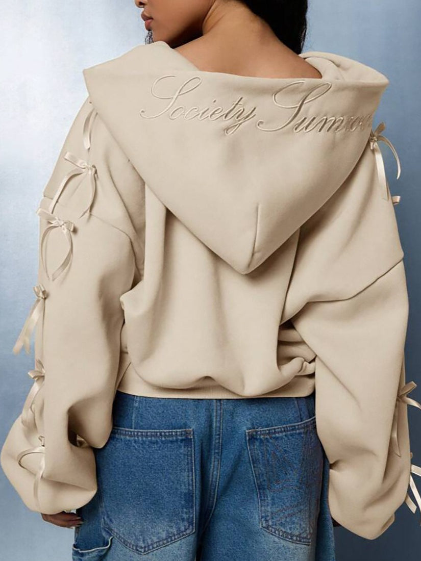 Embroidered Side Bow Zip Up Hoodie
