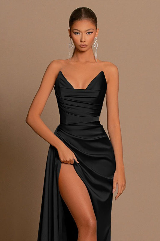 Satin Deep V-Neck Spaghetti Strap Ruched Bodice Draped Maxi Gown - View 4
