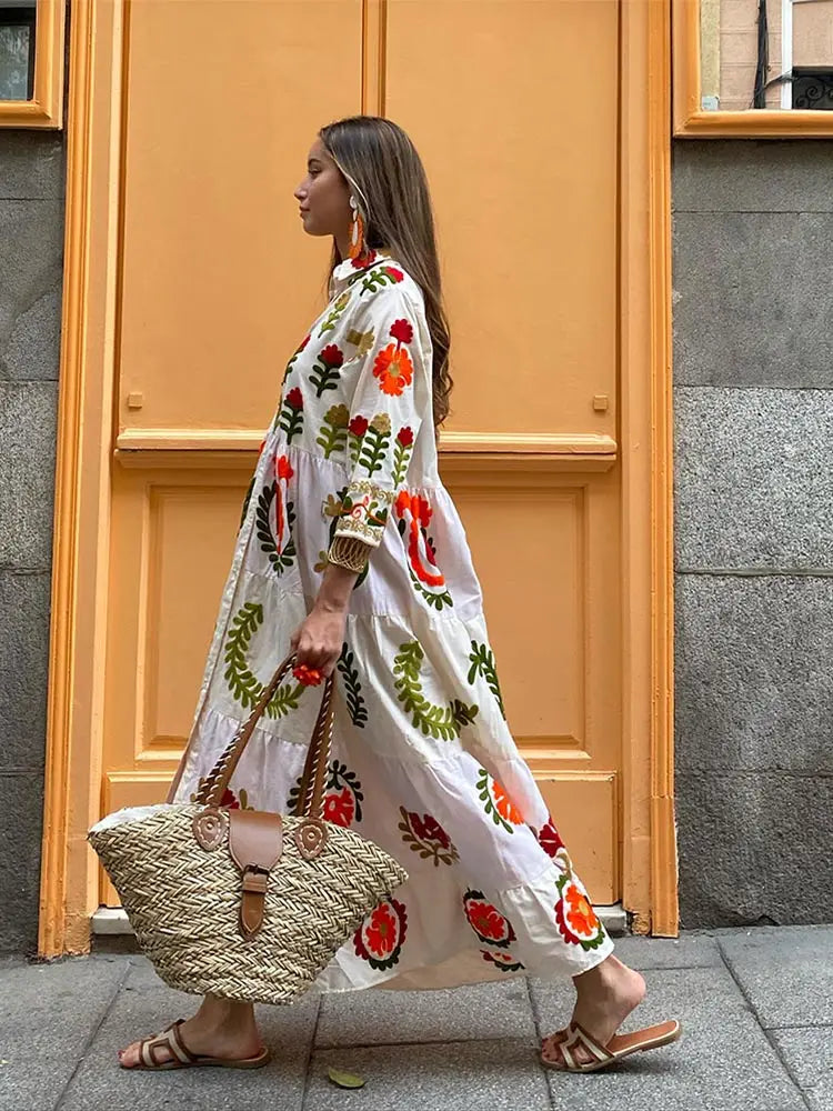 Embroidered Floral Long Sleeve Collared Button Front Tiered Maxi Dress - View 4