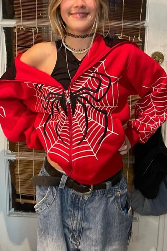 Spider Web Print Zip Up Hoodie