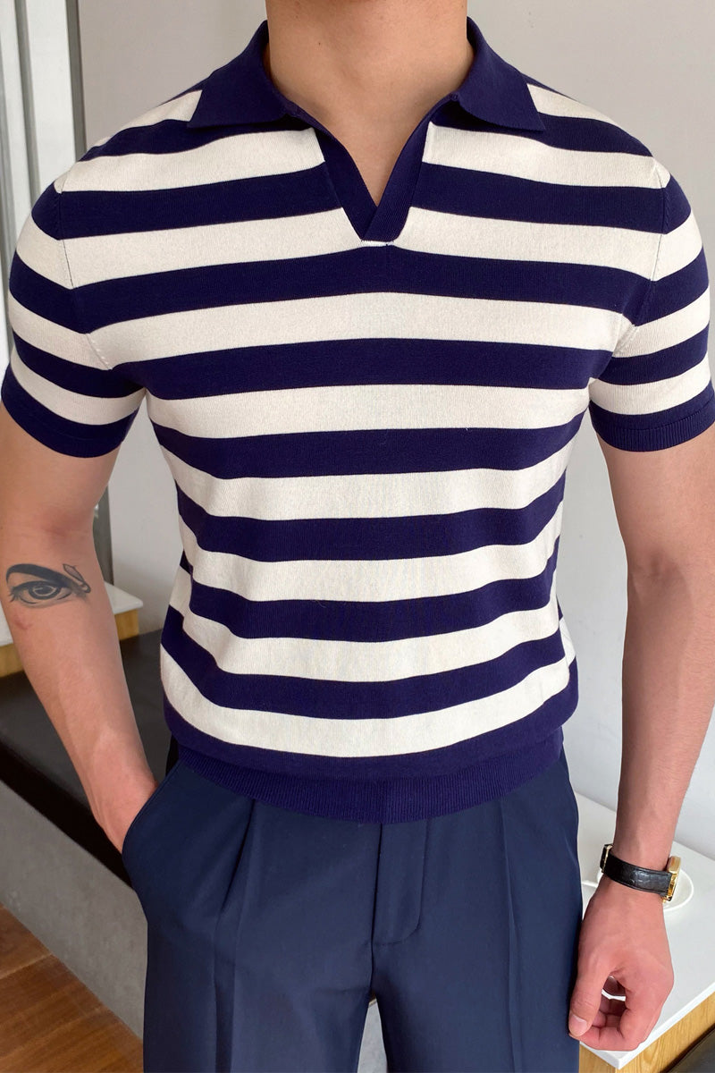 Men's Striped Lapel Short Sleeve Jersey - Fashionpara