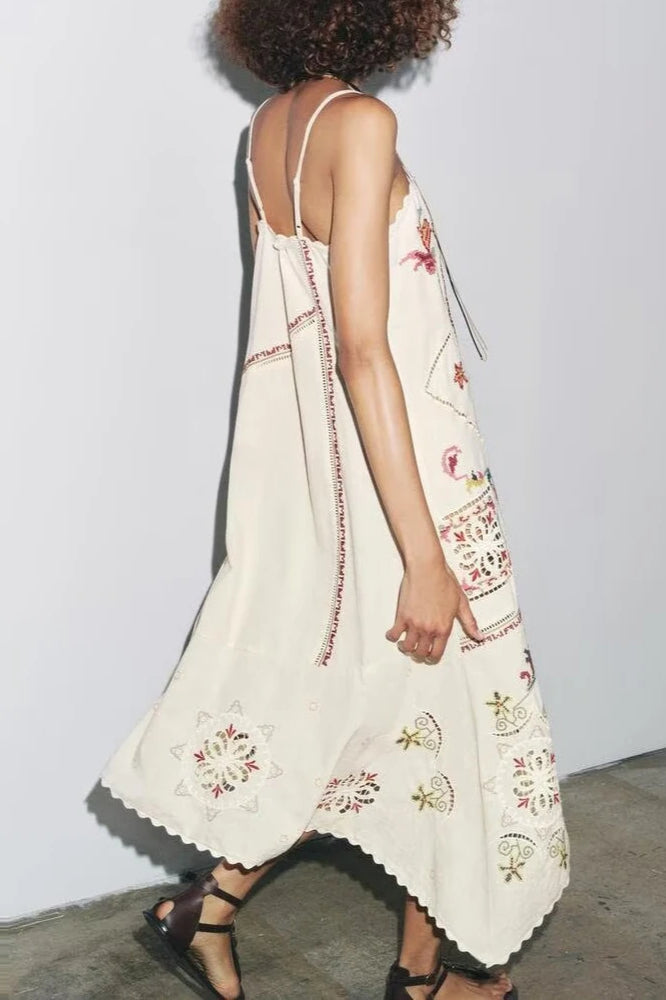 Embroidered Square Neck Spaghetti Strap Slip Midi Dress 4