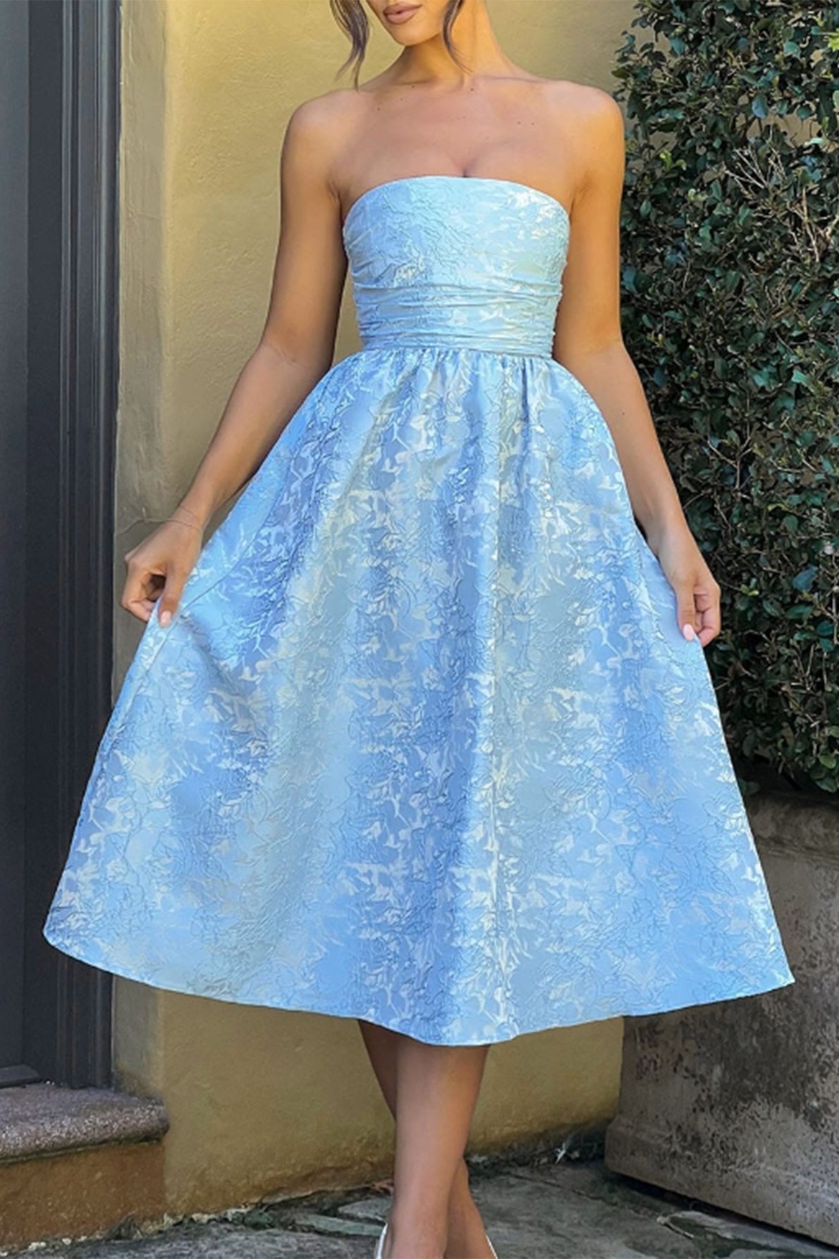 Floral Jacquard Strapless Fit & Flare Midi Dress