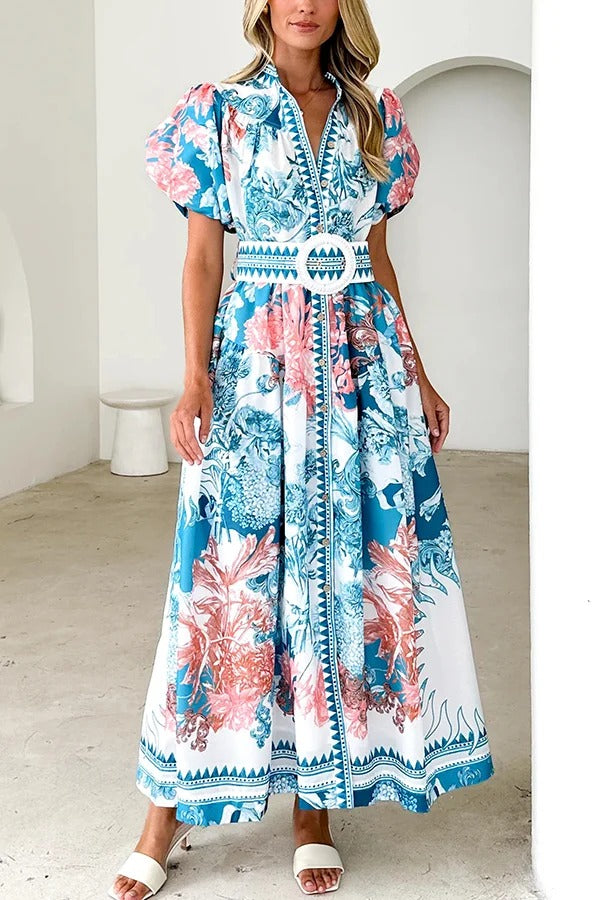 Unique Print Puff Sleeve Button Belt Casual Maxi Dress - Fashionpara