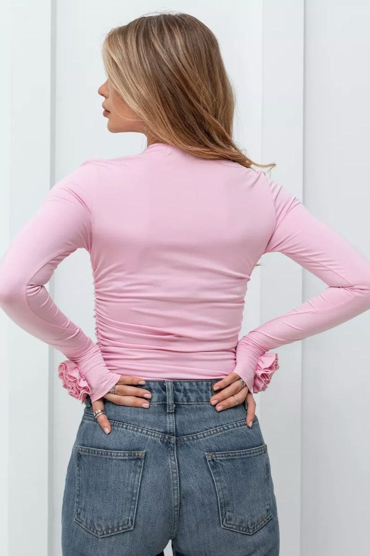 3D Floral Slim-Fit Long Sleeve Blouse
