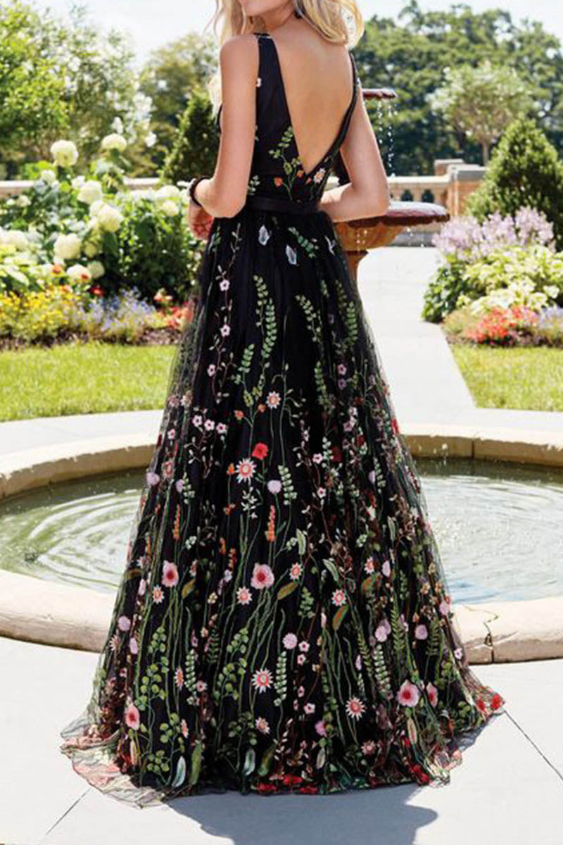 3D Floral Embellished V-neck Open Back Maxi Dress - Fashionpara