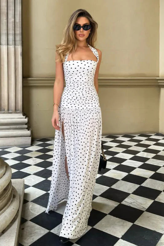 Polka Dot Halter Neck Maxi Dress