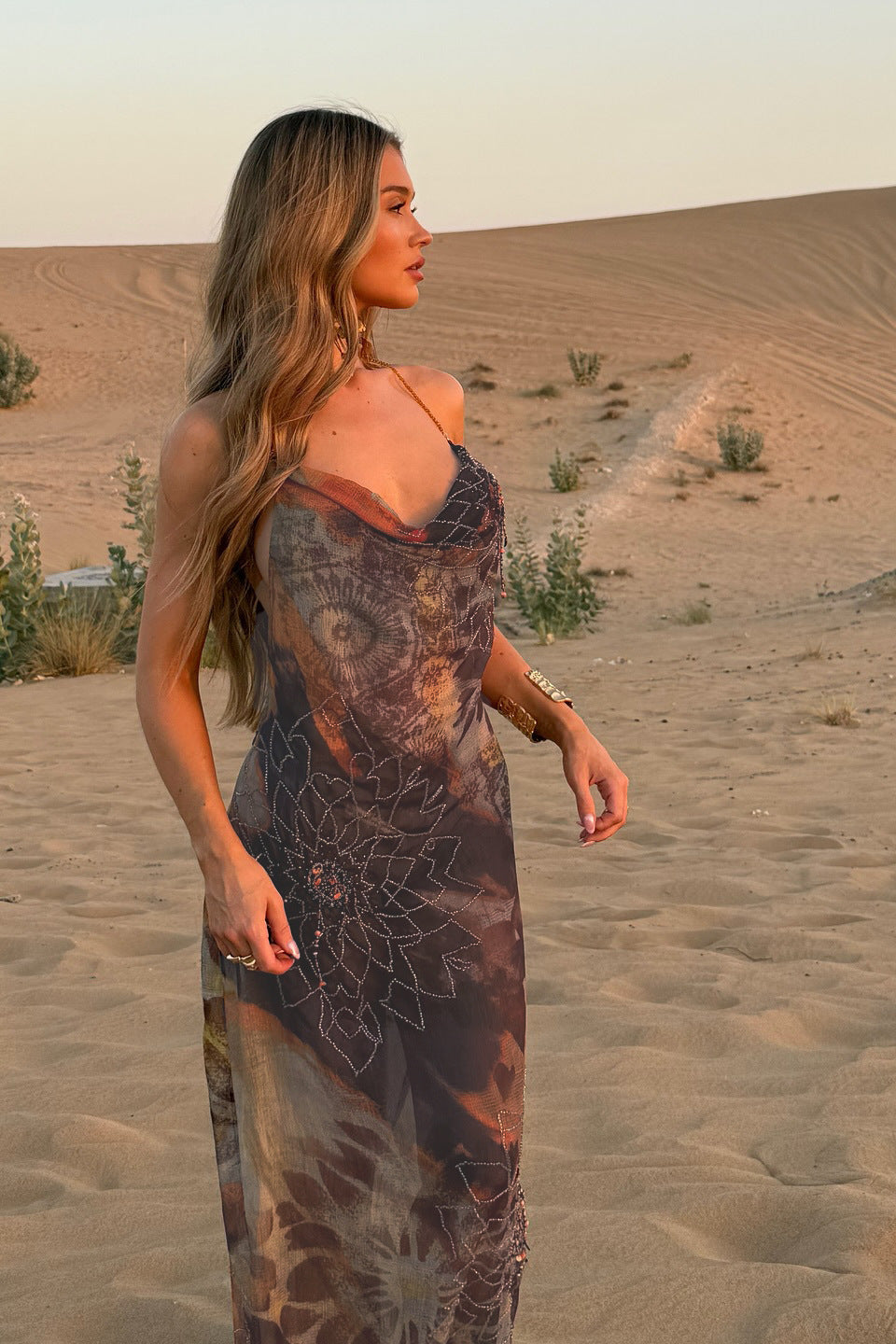Abstract Print V-Neck Sleeveless Chiffon Maxi Dress