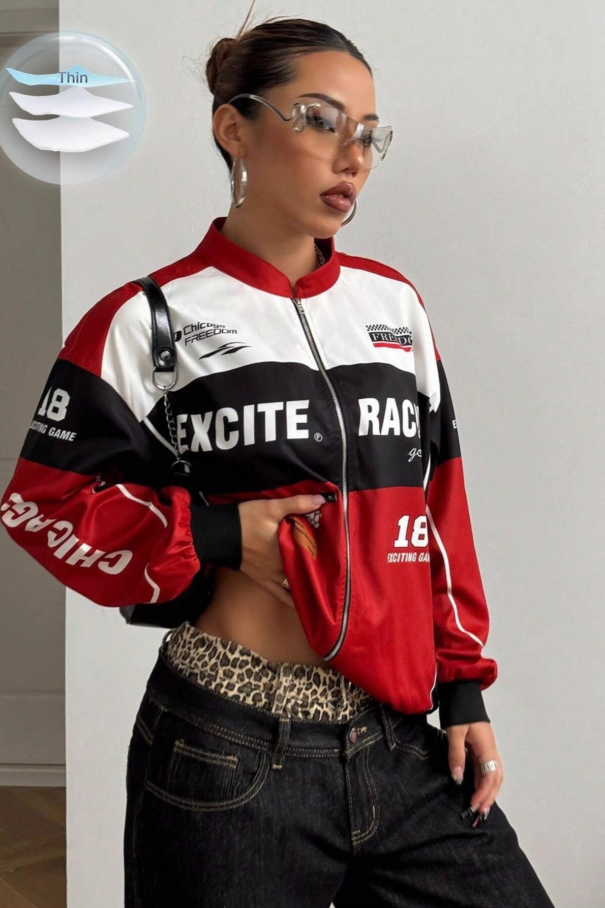 Letter Zip Moto Colorblock Coat - Fashionpara