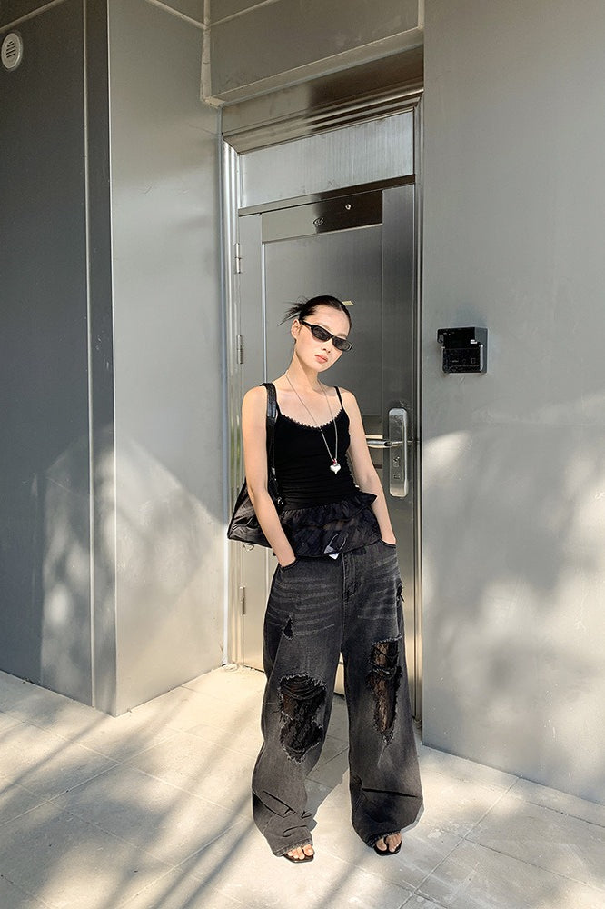 Lace Panel Ripped Wide Leg Jeans