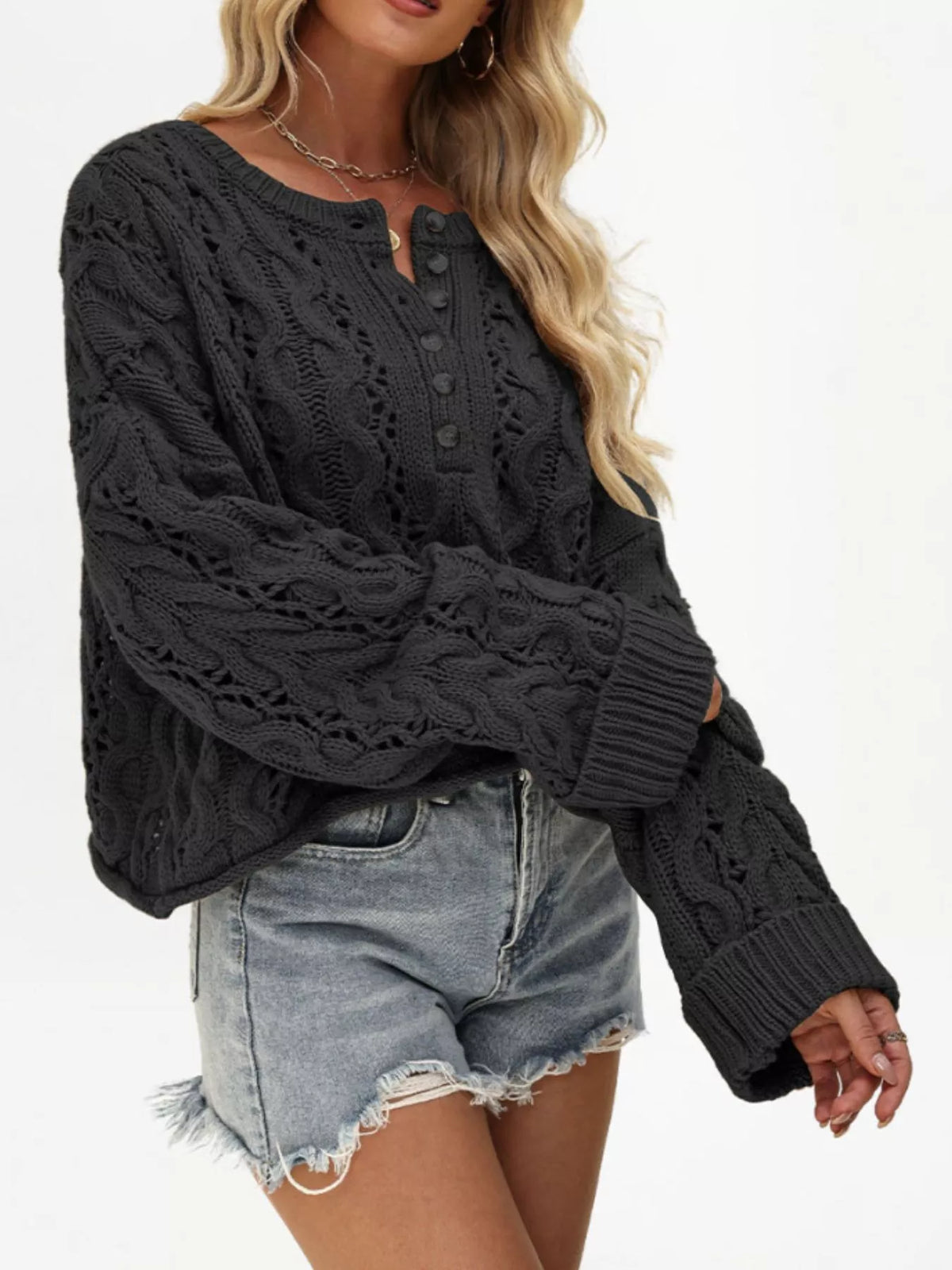 Cable Knit Half-Button Openwork Sweater 6