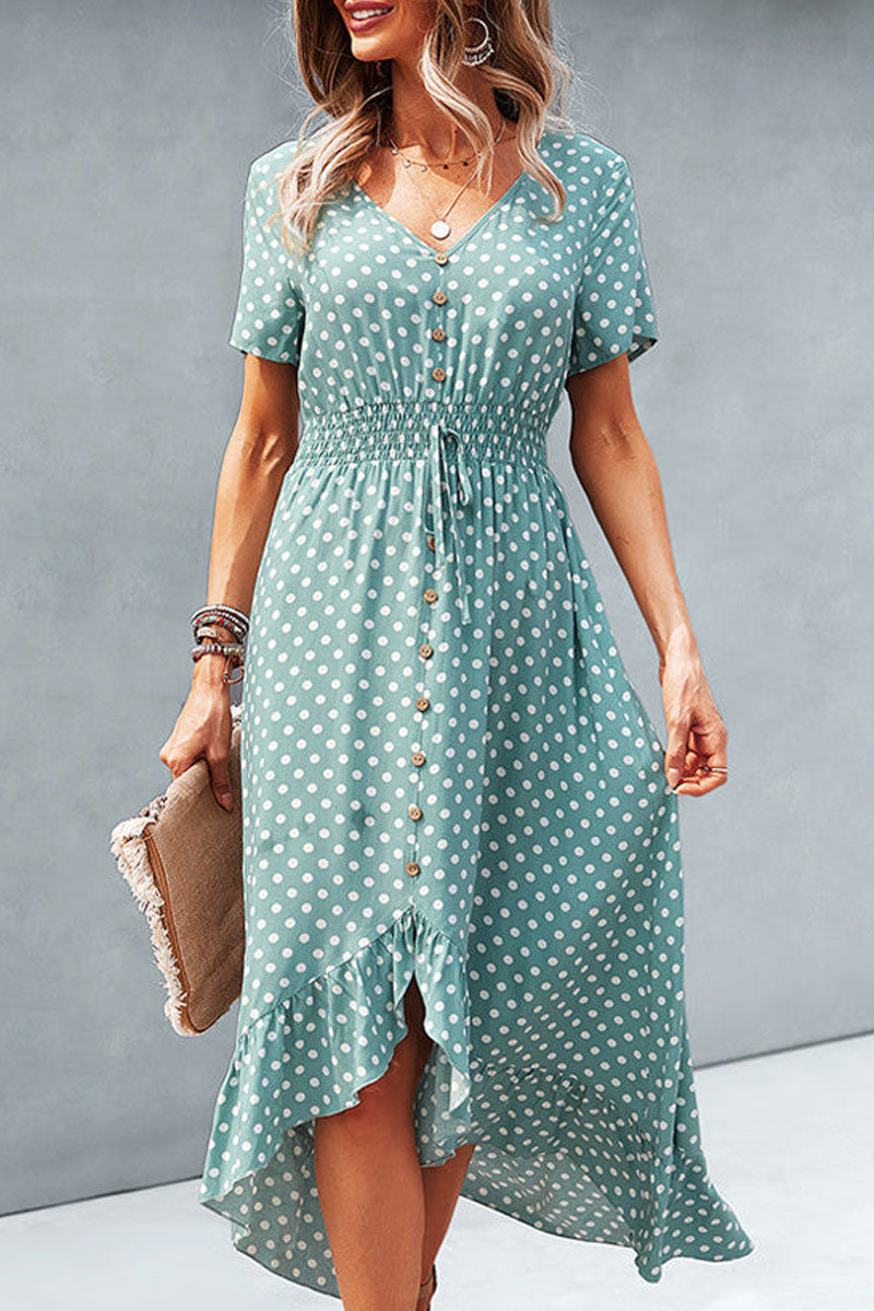 Dots Print High Waist V Neck Casual Dress Fashionpara